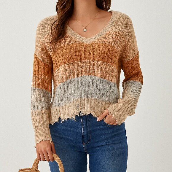 Womens XS Distressed V Neck Striped Knit Sweater Beige Tan Gray Boho Grunge - Picture 1 of 15